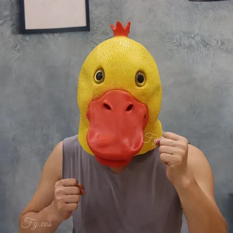 Yellow latex duck head mask with a large orange bill