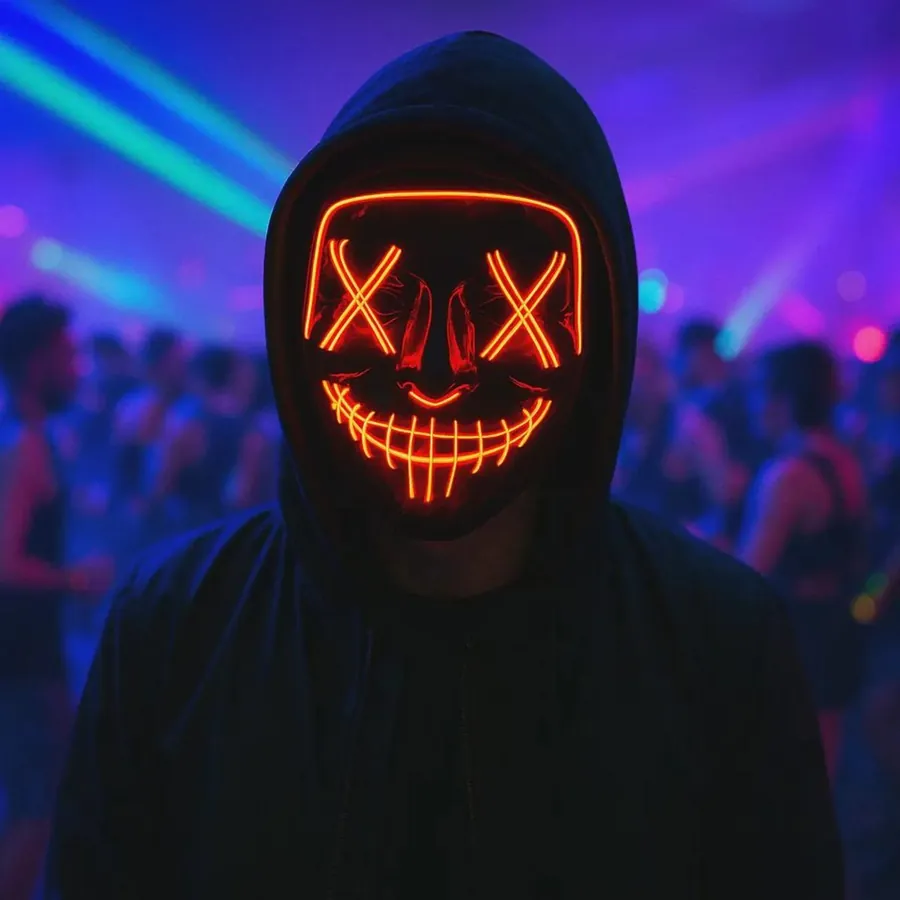 WireGlow Grin Mask glowing at a festival