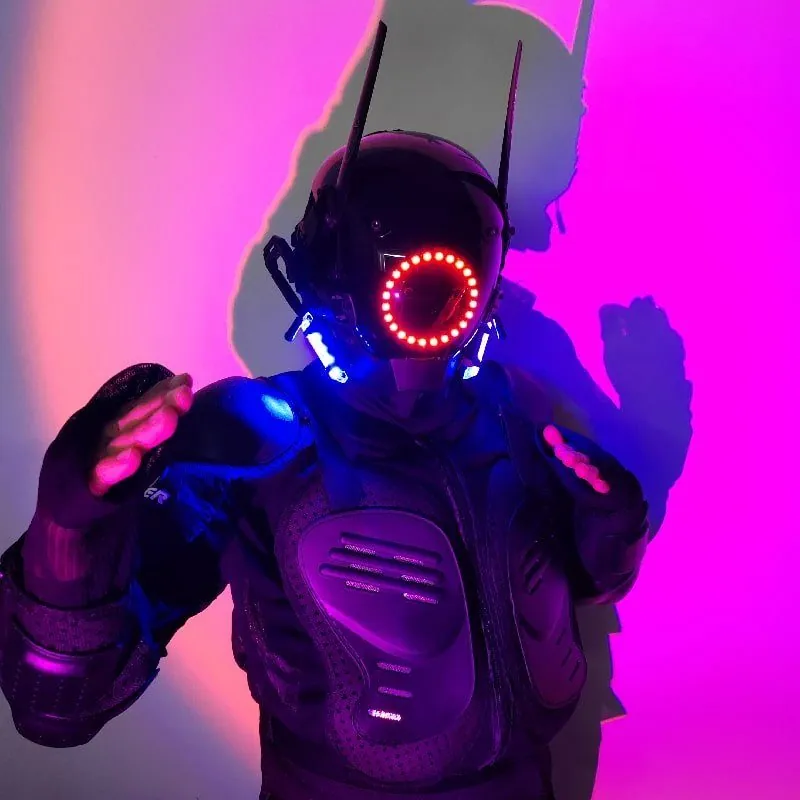 Black futuristic helmet with a glowing LED ring and antennas